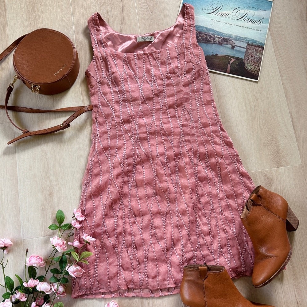 Romy Chiffon Satin Embroidered Textured Pink Tank Mini Dress Lined S Barbie Chic - Picture 15 of 15